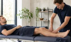A sports massage practitioner treating an adult athlete’s lower leg after exercise in a bright professional studio