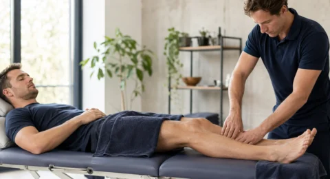 A sports massage practitioner treating an adult athlete’s lower leg after exercise in a bright professional studio