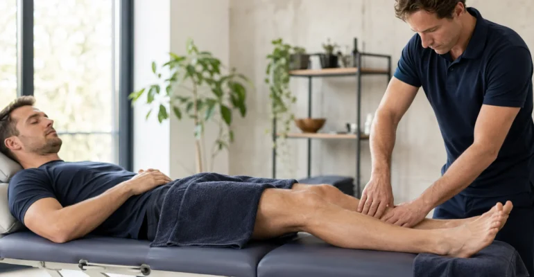 A sports massage practitioner treating an adult athlete’s lower leg after exercise in a bright professional studio