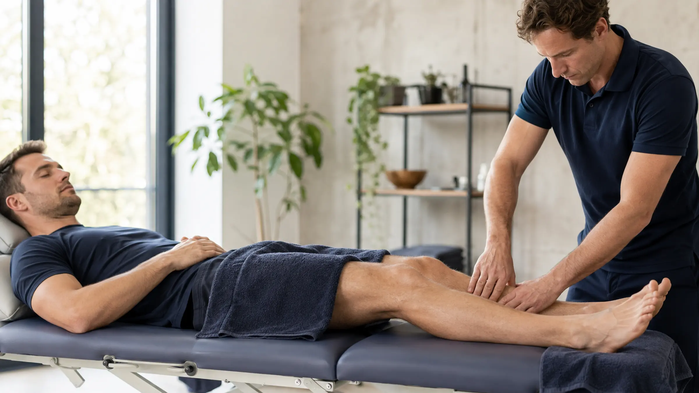 Sports massage practitioner working on an adult athlete’s leg after training