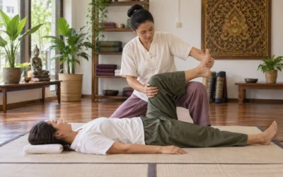 Thai massage practitioner guiding an assisted leg stretch on a floor mat.