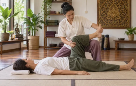 Thai massage therapist applying an assisted stretch