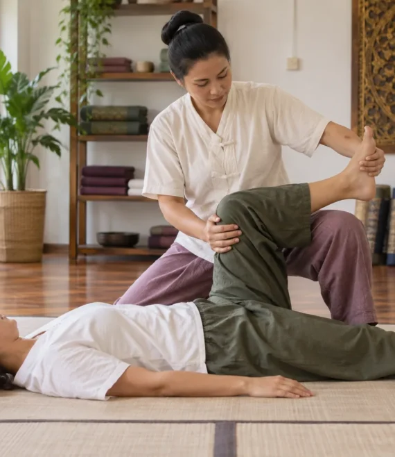 Thai massage practitioner guiding an assisted leg stretch on a floor mat.