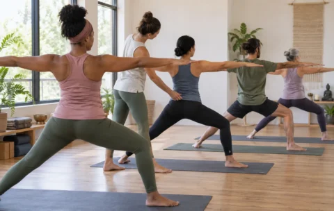Instructor-led yoga class practising standing poses on mats