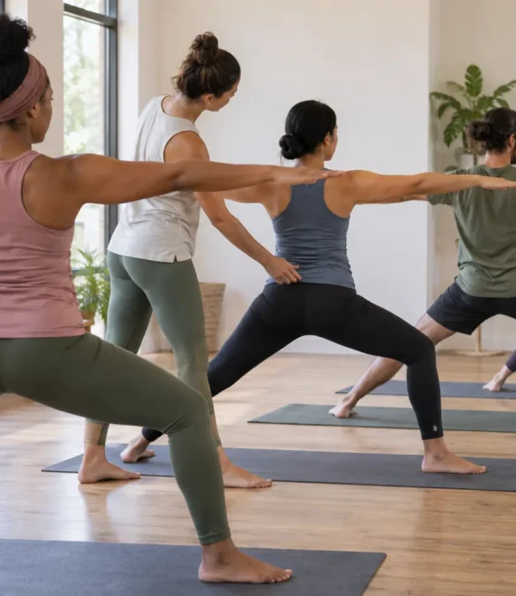 Yoga instructor guiding a class through standing poses on mats.