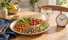 A balanced meal beside a clock, illustrating the relationship between food choices and eating times.