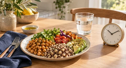 A balanced meal beside a clock, illustrating the relationship between food choices and eating times.