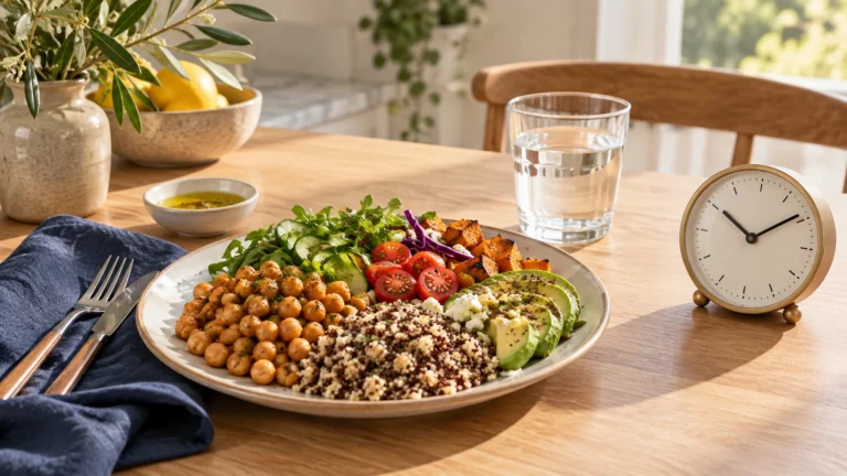 A balanced meal beside a clock, illustrating the relationship between food choices and eating times.