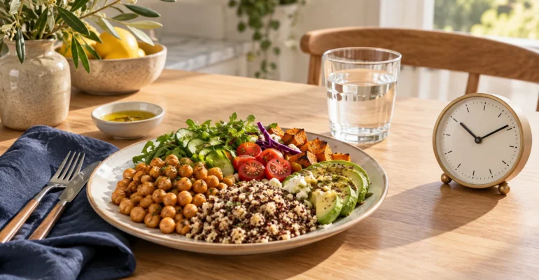 A balanced meal beside a clock, illustrating the relationship between food choices and eating times.