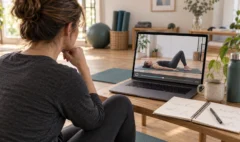 A Pilates trainee studying a recorded movement demonstration on a laptop beside an open notebook