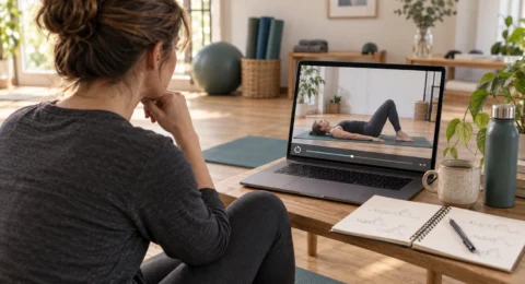 A Pilates trainee studying a recorded movement demonstration on a laptop beside an open notebook