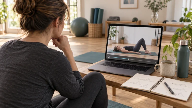 A Pilates trainee studying a recorded movement demonstration on a laptop beside an open notebook