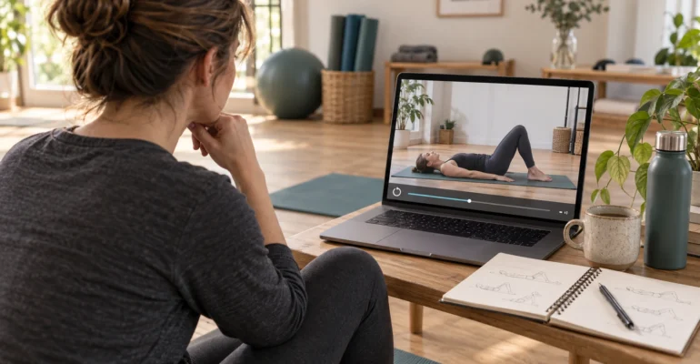 A Pilates trainee studying a recorded movement demonstration on a laptop beside an open notebook