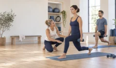 A Pilates instructor coaching two adults through controlled movements using mats and light dumbbells
