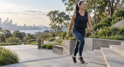 An adult walking uphill outdoors while wearing an evenly fitted weighted vest