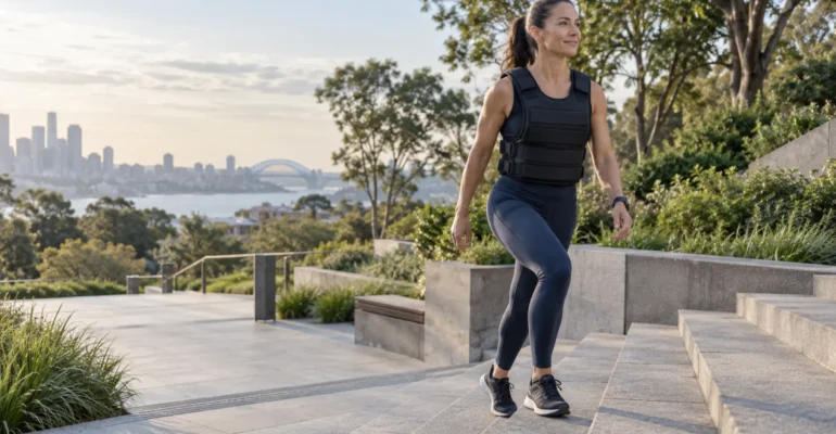 An adult walking uphill outdoors while wearing an evenly fitted weighted vest