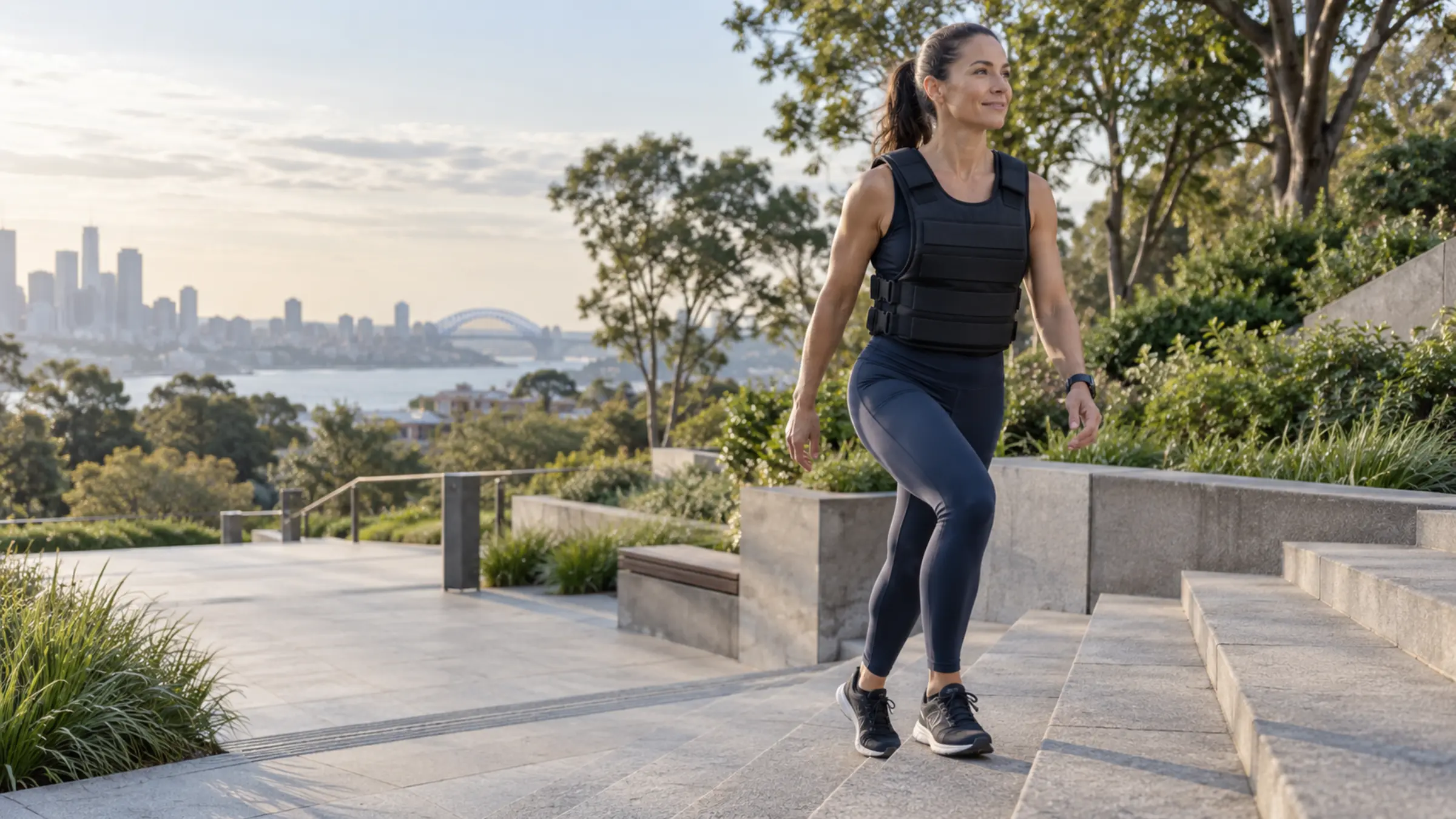 An adult walking uphill outdoors while wearing an evenly fitted weighted vest