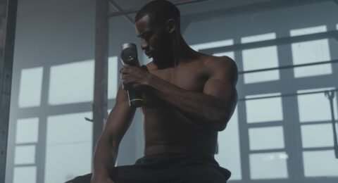 Man using a handheld massage gun on his upper arm in a gym